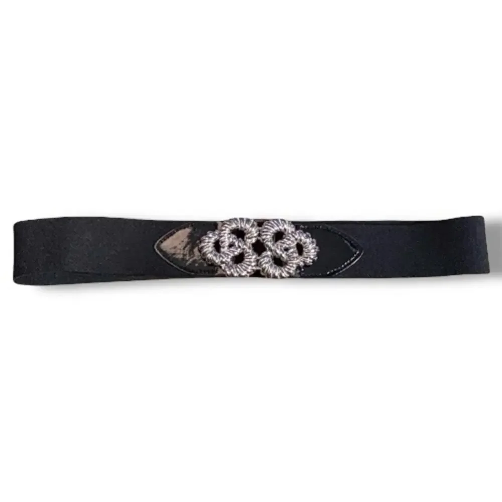 Vintage‎ Black Stretch Statement Belt Silver Rope Buckle 80s 90s Waist Cinch Art